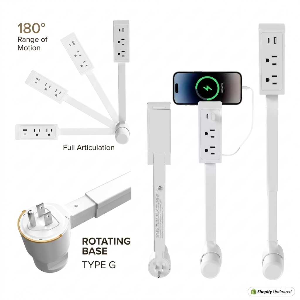 Dreaux IQ Rotating Wall Outlet Extender  — 2 AC Outlets U.S, USB-A + USB-C, 360° Flexible Reach